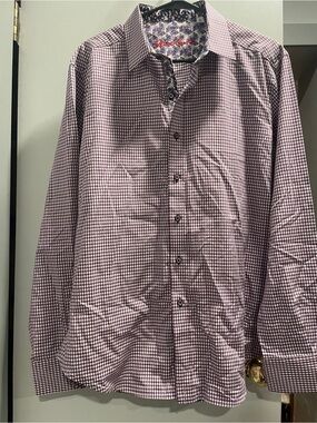 Robert Graham Burgundy and White Gingham Dress Shirt with Printed Inner Collar L